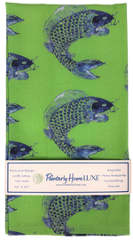 Tea Towel Set with Matching Note Block Blue Fish on Lime