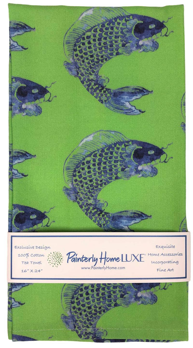 Tea Towels, Blue Fish on Lime