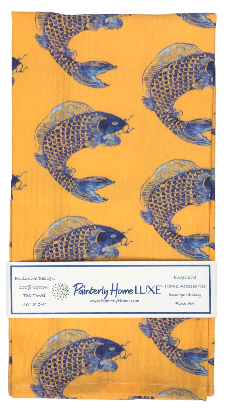 Tea Towels, Blue Fish on Tangerine