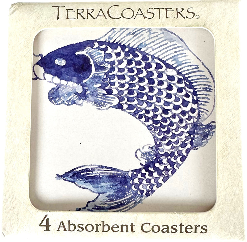 Coasters, Blue Fish on White Absorbent Stone Coasters