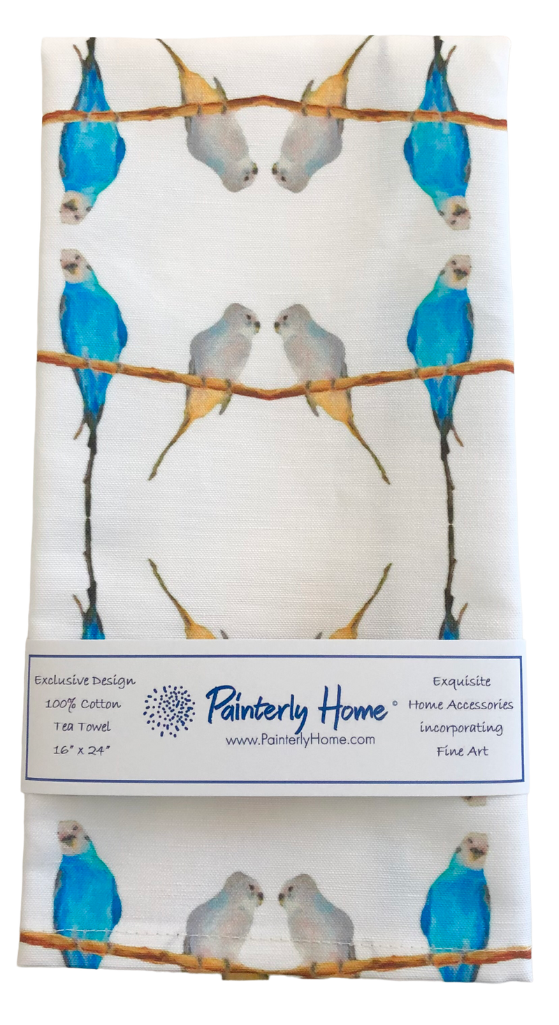 Tea Towels, Blue & White Parakeets