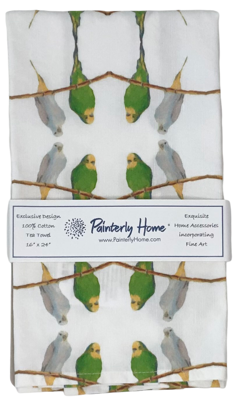 Tea Towels, Green & White Parakeets